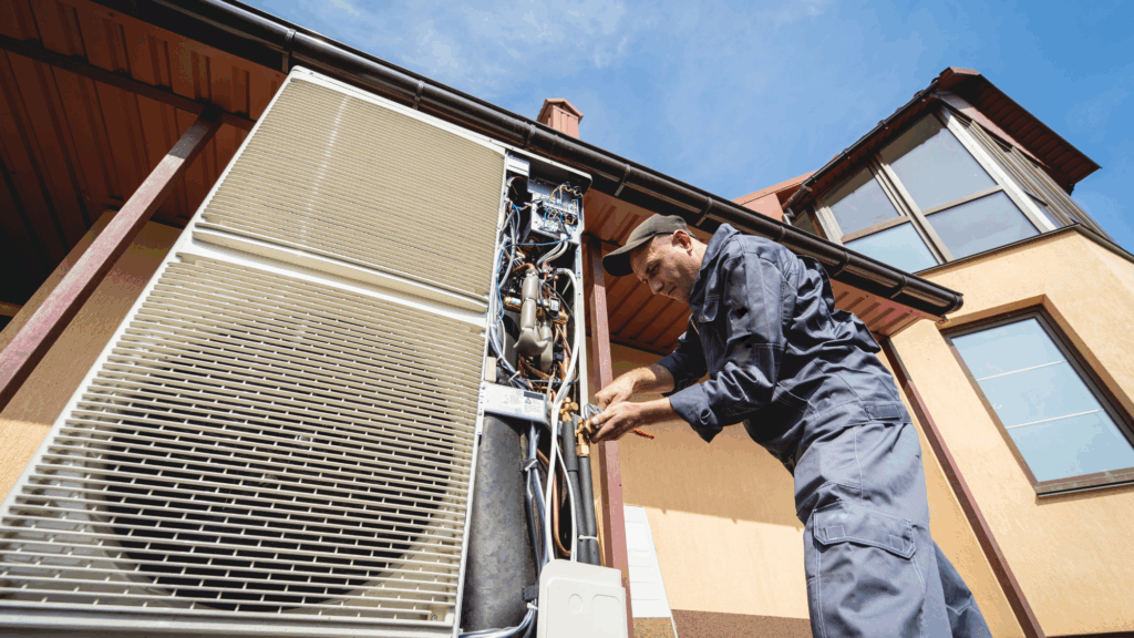 An HVAC tech uses a spanner to adjust a large unit outside of a residential building.