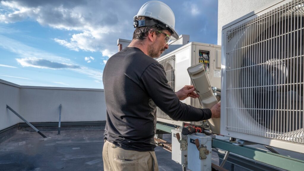An HVAC tech pulls open a panel from a commercial HVAC unit.