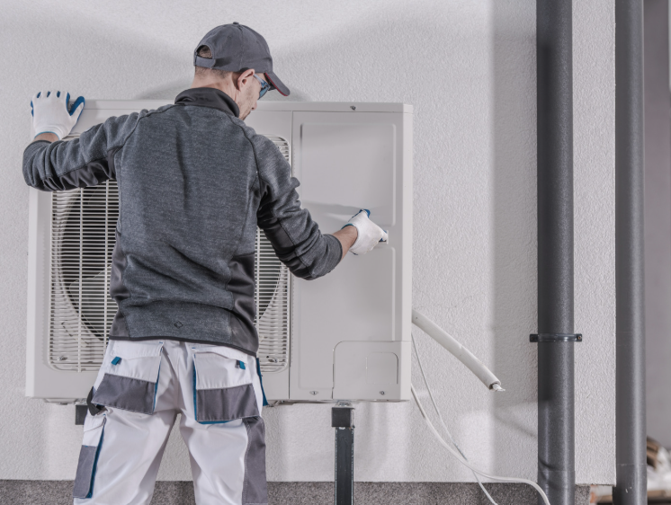 Technician in gray workwear and white gloves services a wall mounted white heat pump beside black pipes on a textured gray wall.