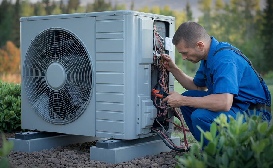 HVAC technician in a bright blue uniform repairs exposed wiring on a gray outdoor heat pump unit surrounded by green shrubs.